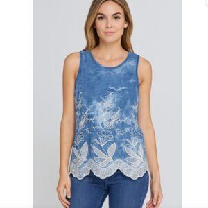 SW New York Women's Blue Top Large Embroidered Floral Scallop Hem Sleeveless